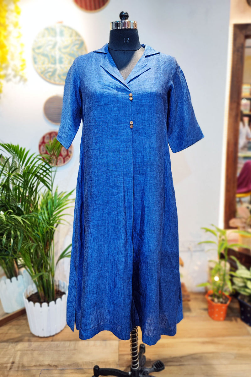 Cobalt Blue Linen Antifit Collared Dress/Kurta
