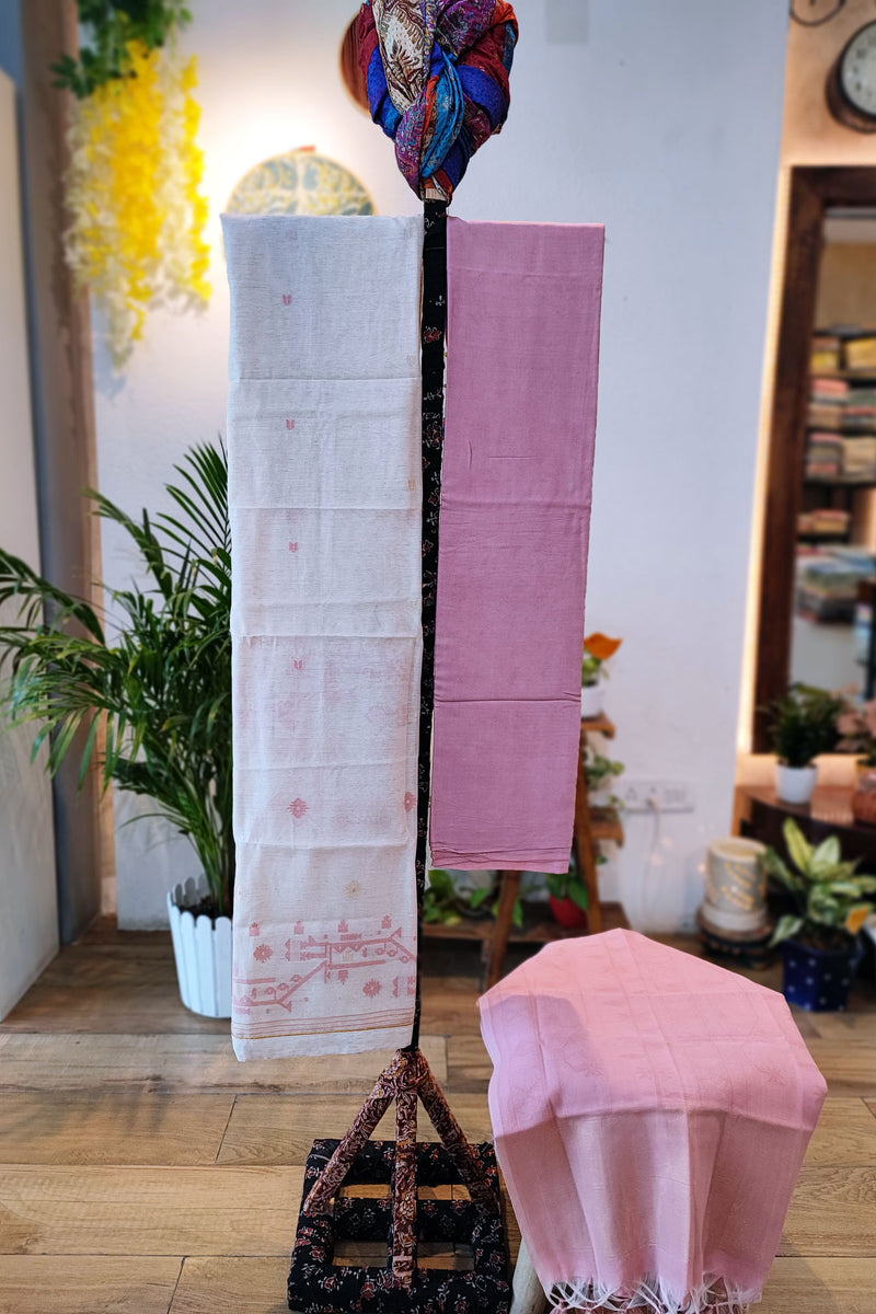 Pink & White Chanderi Silk by Resham Woven Jamdani Suit
