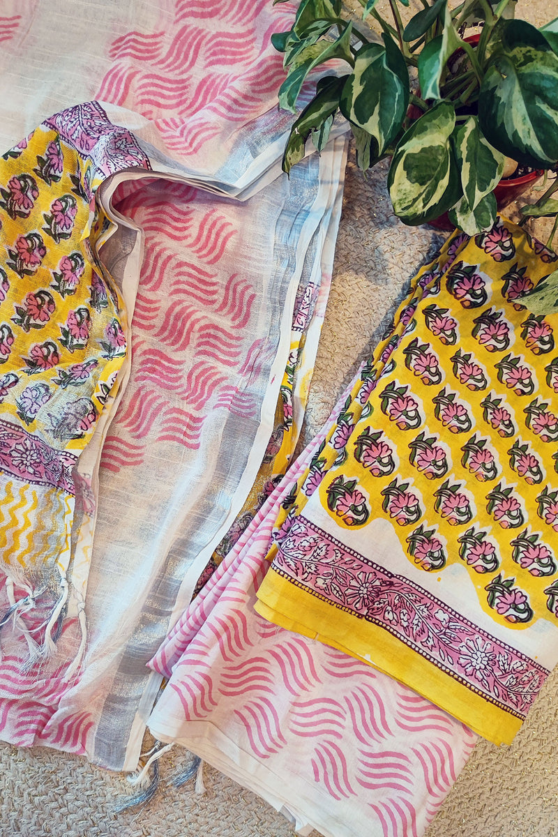 Empire Yellow & Pink Cotton Suit Set with Linen Dupatta