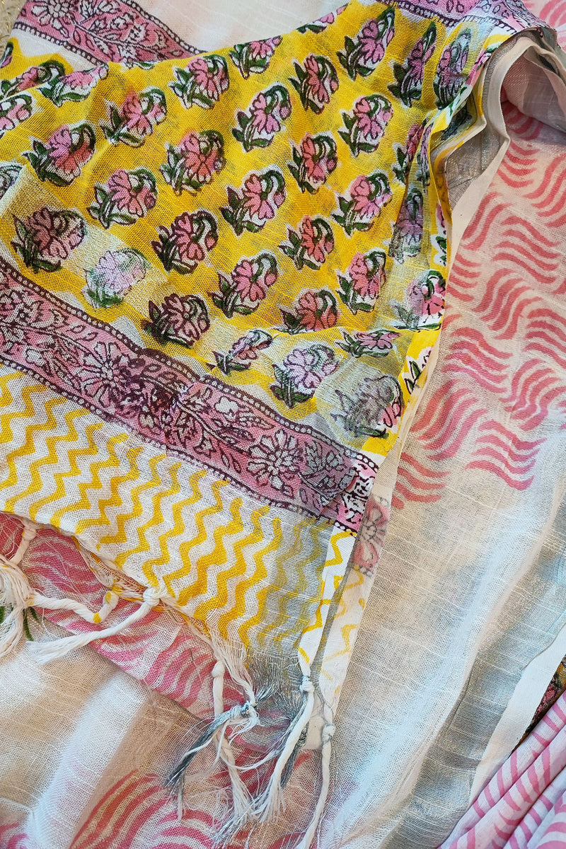 Empire Yellow & Pink Cotton Suit Set with Linen Dupatta
