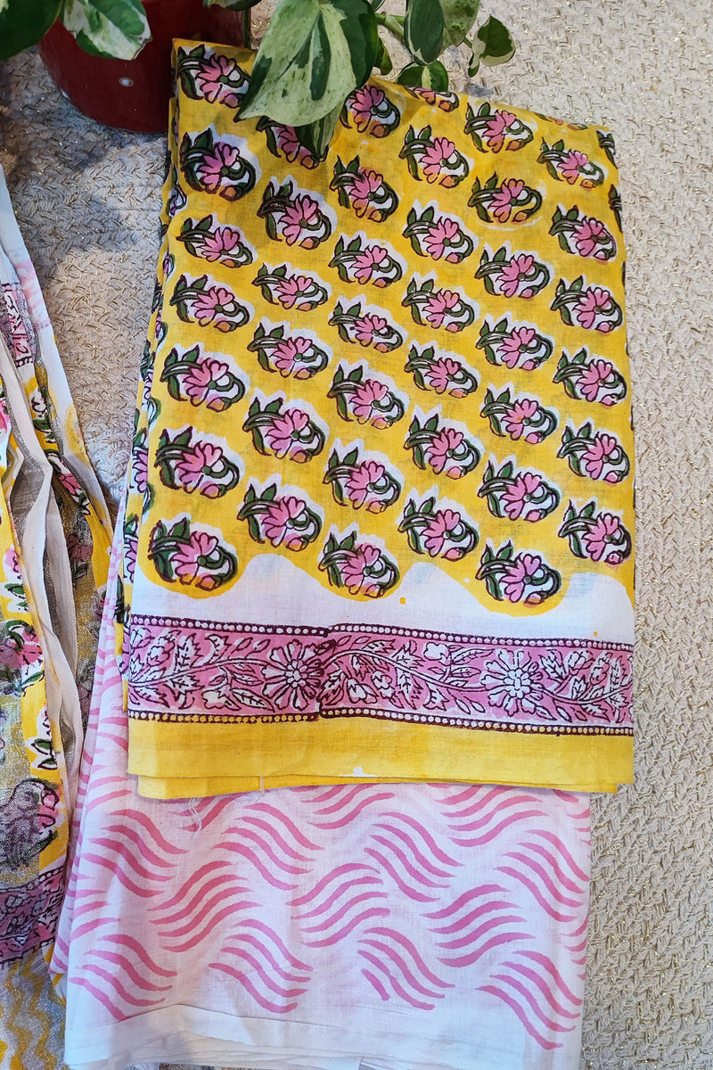 Empire Yellow & Pink Cotton Suit Set with Linen Dupatta