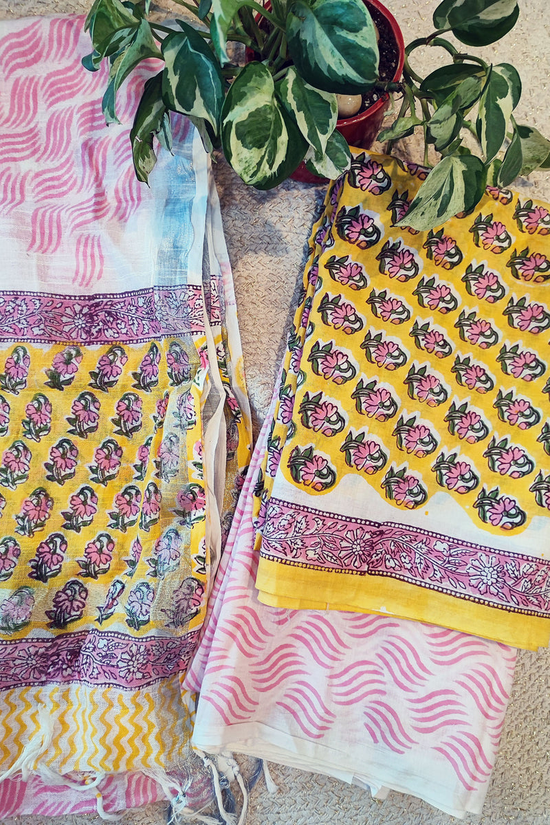 Empire Yellow & Pink Cotton Suit Set with Linen Dupatta