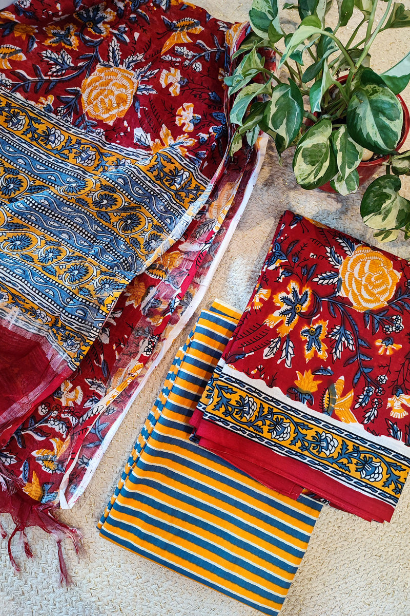 Carmine Red Cotton Suit Set with Linen Dupatta