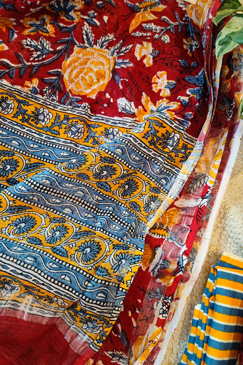 Carmine Red Cotton Suit Set with Linen Dupatta