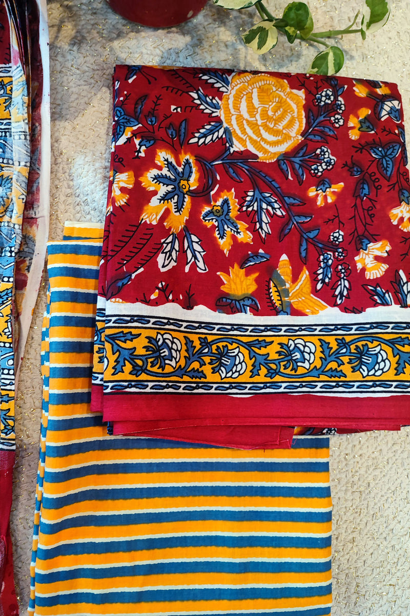 Carmine Red Cotton Suit Set with Linen Dupatta