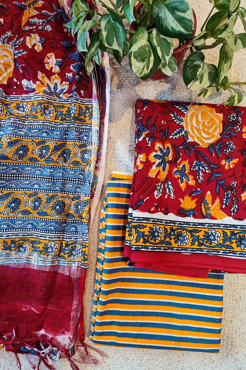 Carmine Red Cotton Suit Set with Linen Dupatta