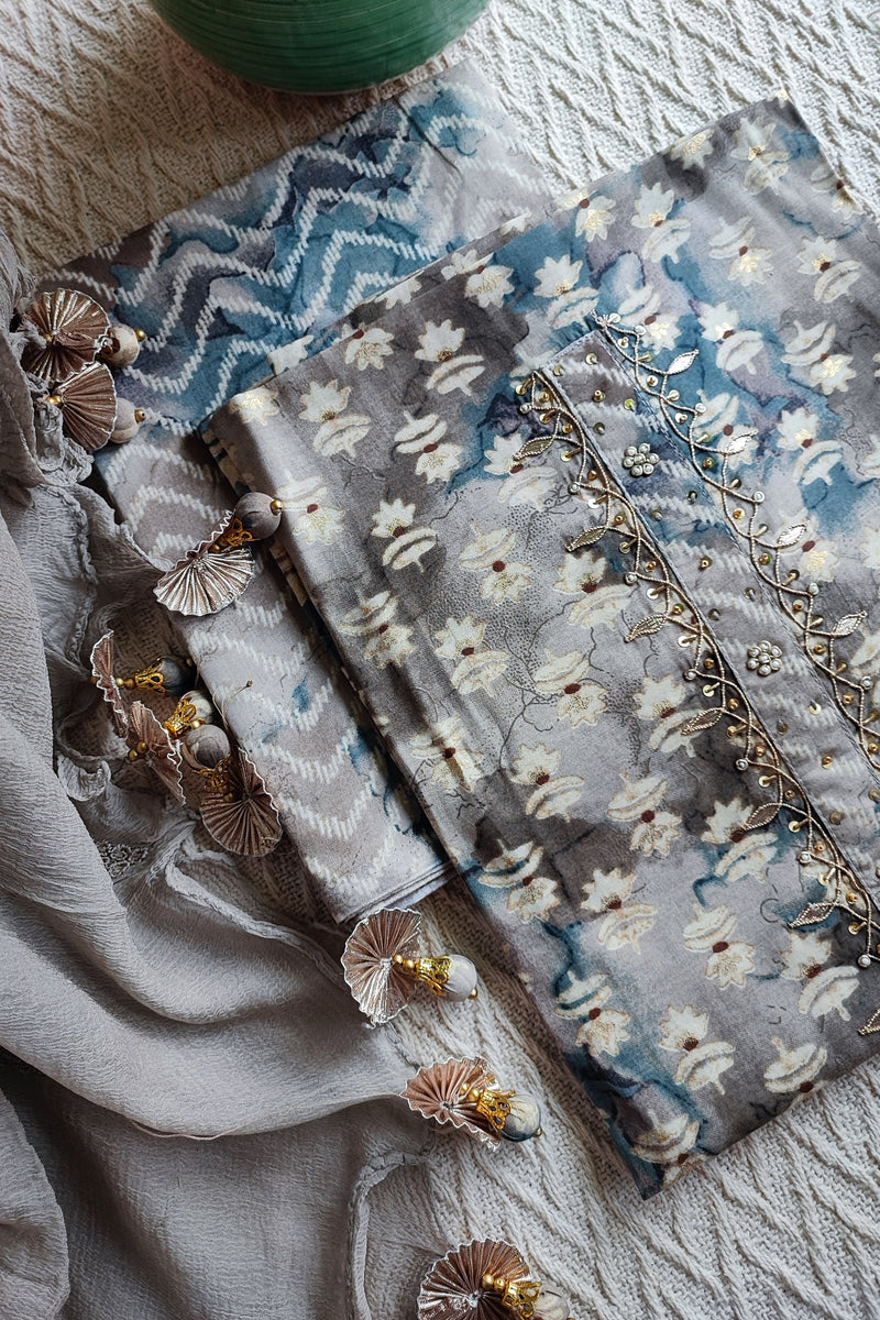 Rust & Blue Modal cotton Handblock Printed & Embroided Suit Set with Chiffon Dupatta in