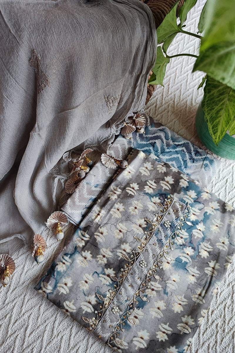 Rust & Blue Modal cotton Handblock Printed & Embroided Suit Set with Chiffon Dupatta in