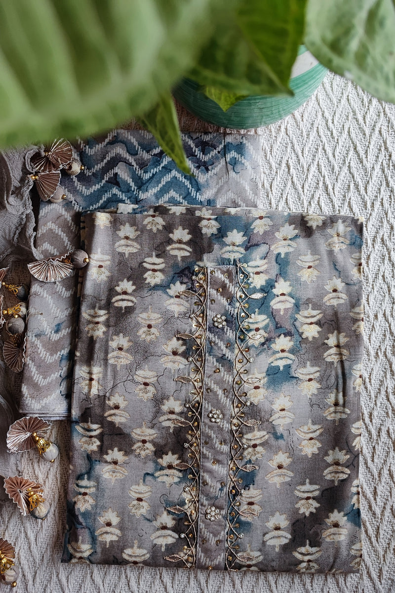 Rust & Blue Modal cotton Handblock Printed & Embroided Suit Set with Chiffon Dupatta in