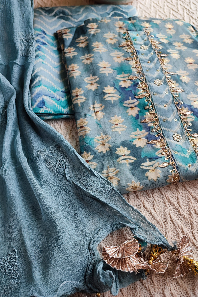 Denim Blue & Teal Modal cotton Handblock Printed & Embroided Suit Set with Chiffon Dupatta
