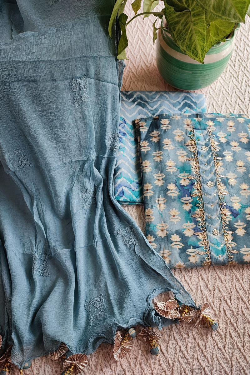 Denim Blue & Teal Modal cotton Handblock Printed & Embroided Suit Set with Chiffon Dupatta