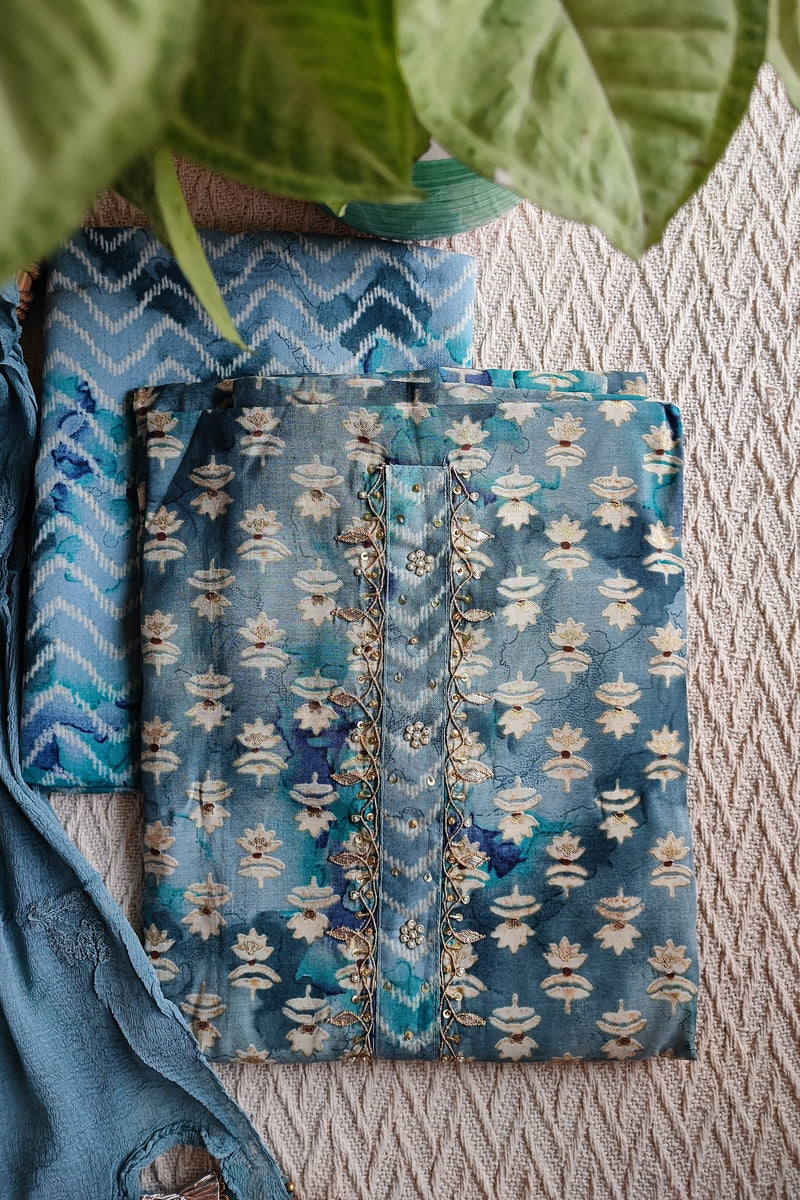 Denim Blue & Teal Modal cotton Handblock Printed & Embroided Suit Set with Chiffon Dupatta