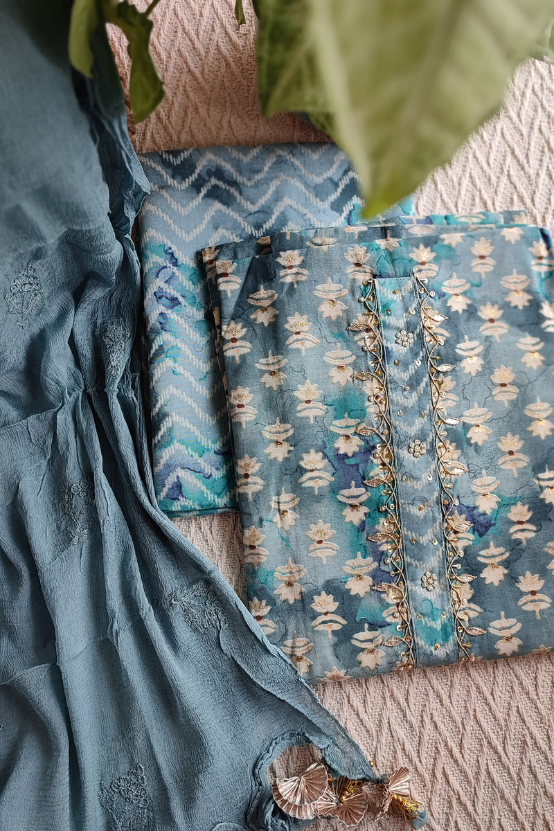 Denim Blue & Teal Modal cotton Handblock Printed & Embroided Suit Set with Chiffon Dupatta