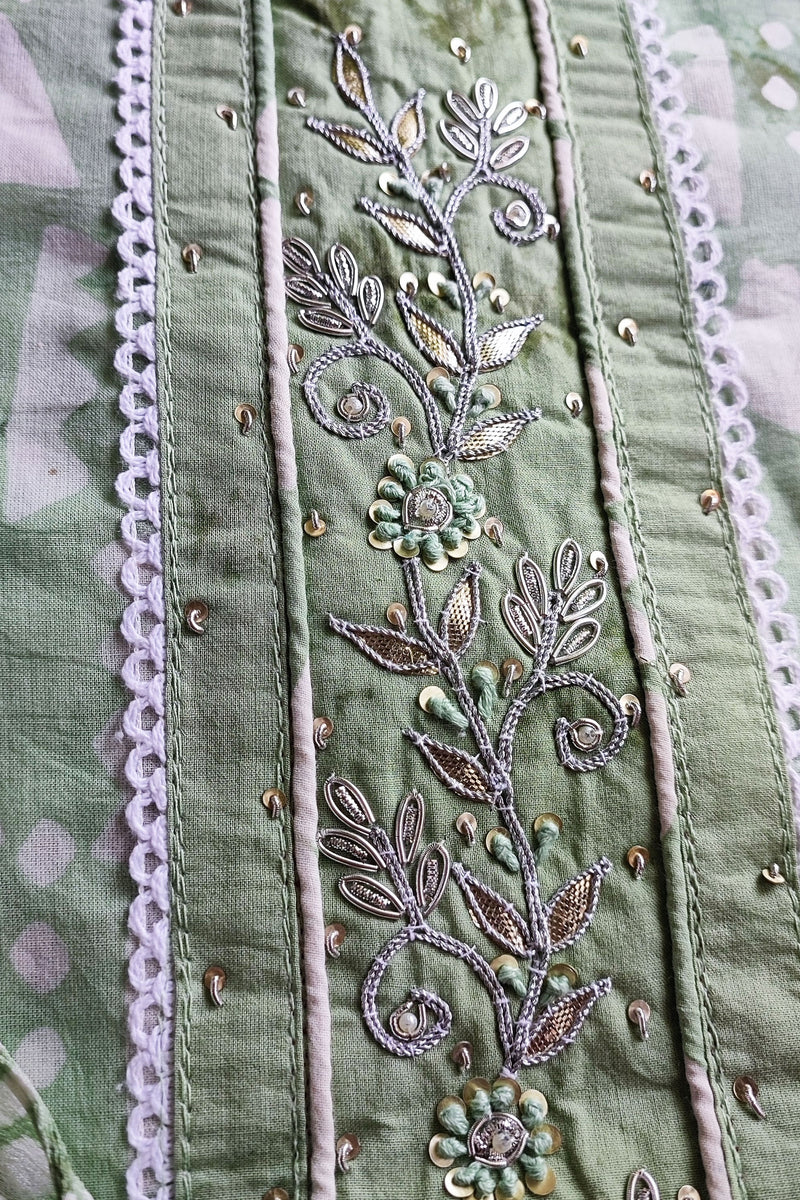 Fern Green Cotton Handblock Printed & Embroided Suit Set with Chiffon Dupatta
