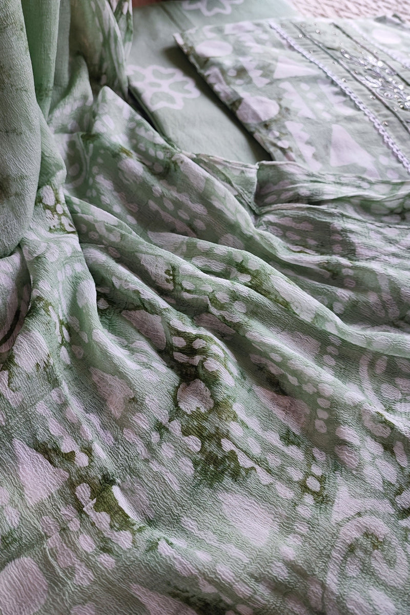 Fern Green Cotton Handblock Printed & Embroided Suit Set with Chiffon Dupatta