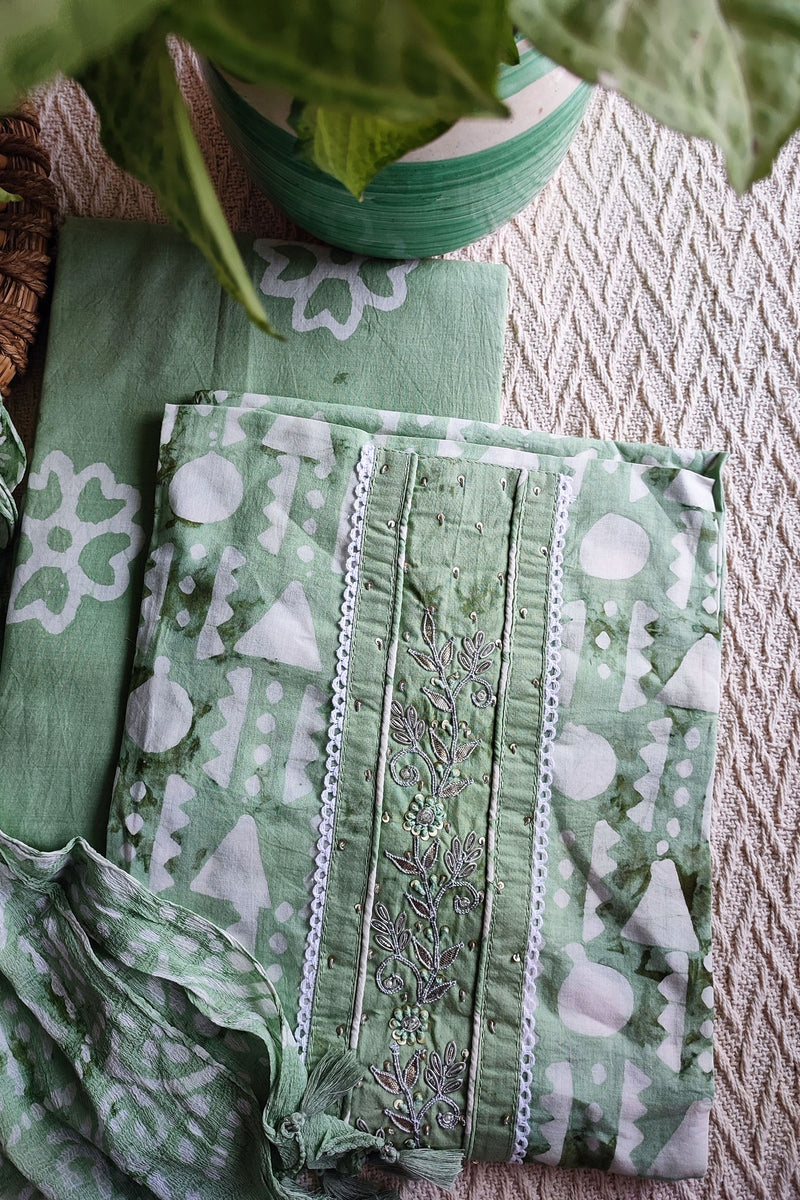 Fern Green Cotton Handblock Printed & Embroided Suit Set with Chiffon Dupatta