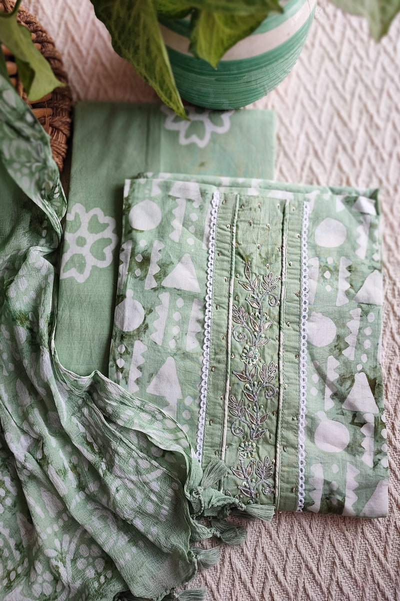 Fern Green Cotton Handblock Printed & Embroided Suit Set with Chiffon Dupatta