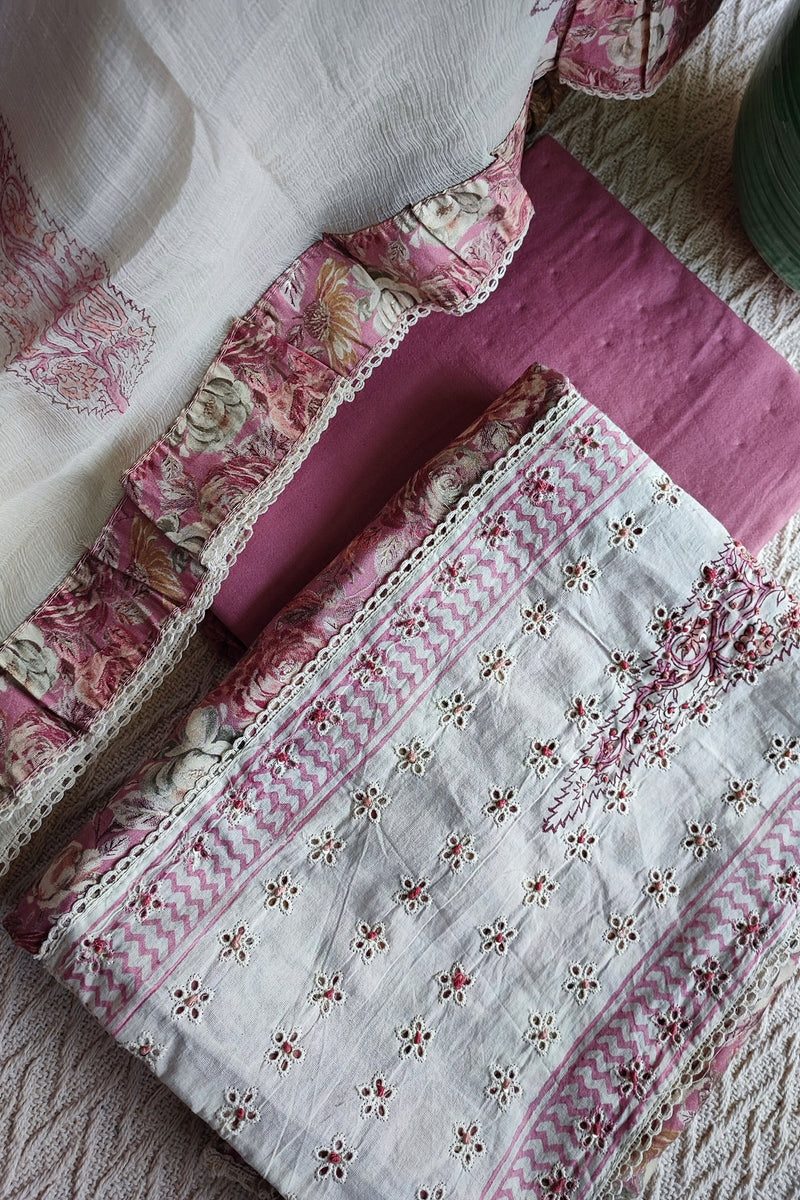 White & Fandango Pink Crape Silk Suit Set with Hakoba Patch Work