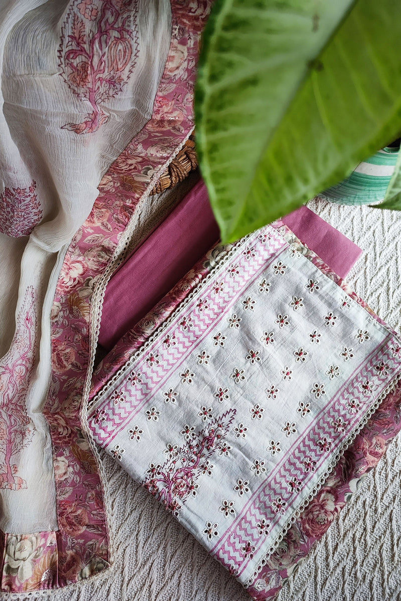 White & Fandango Pink Crape Silk Suit Set with Hakoba Patch Work