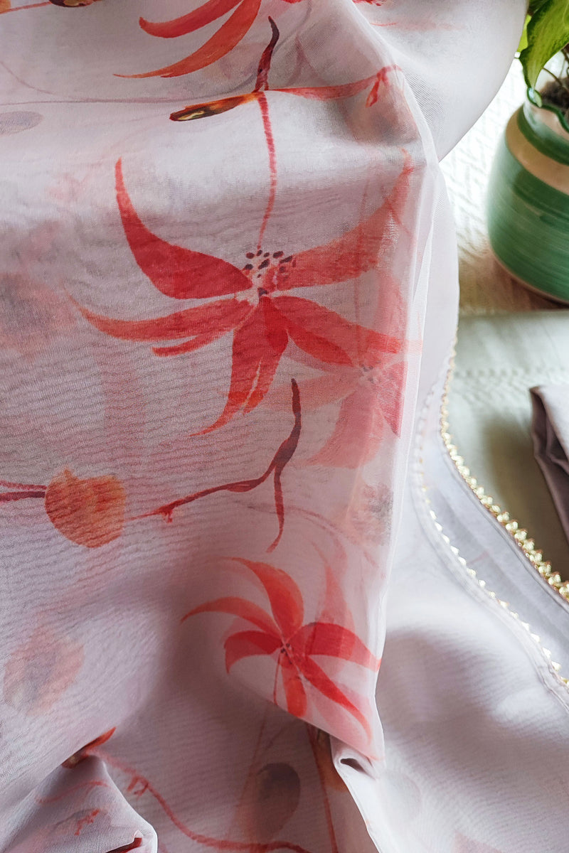 Chanderi Silk Suit with Gota Neck and Organza Hand Painted Dupatta