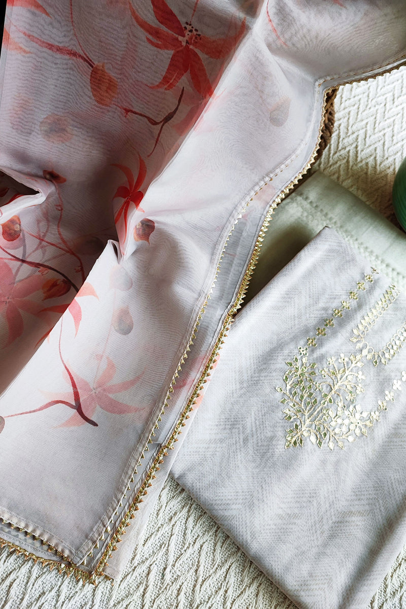 Chanderi Silk Suit with Gota Neck and Organza Hand Painted Dupatta