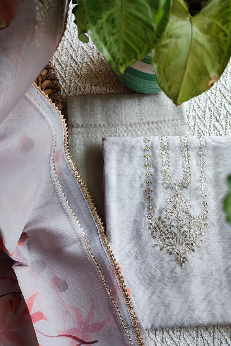Chanderi Silk Suit with Gota Neck and Organza Hand Painted Dupatta
