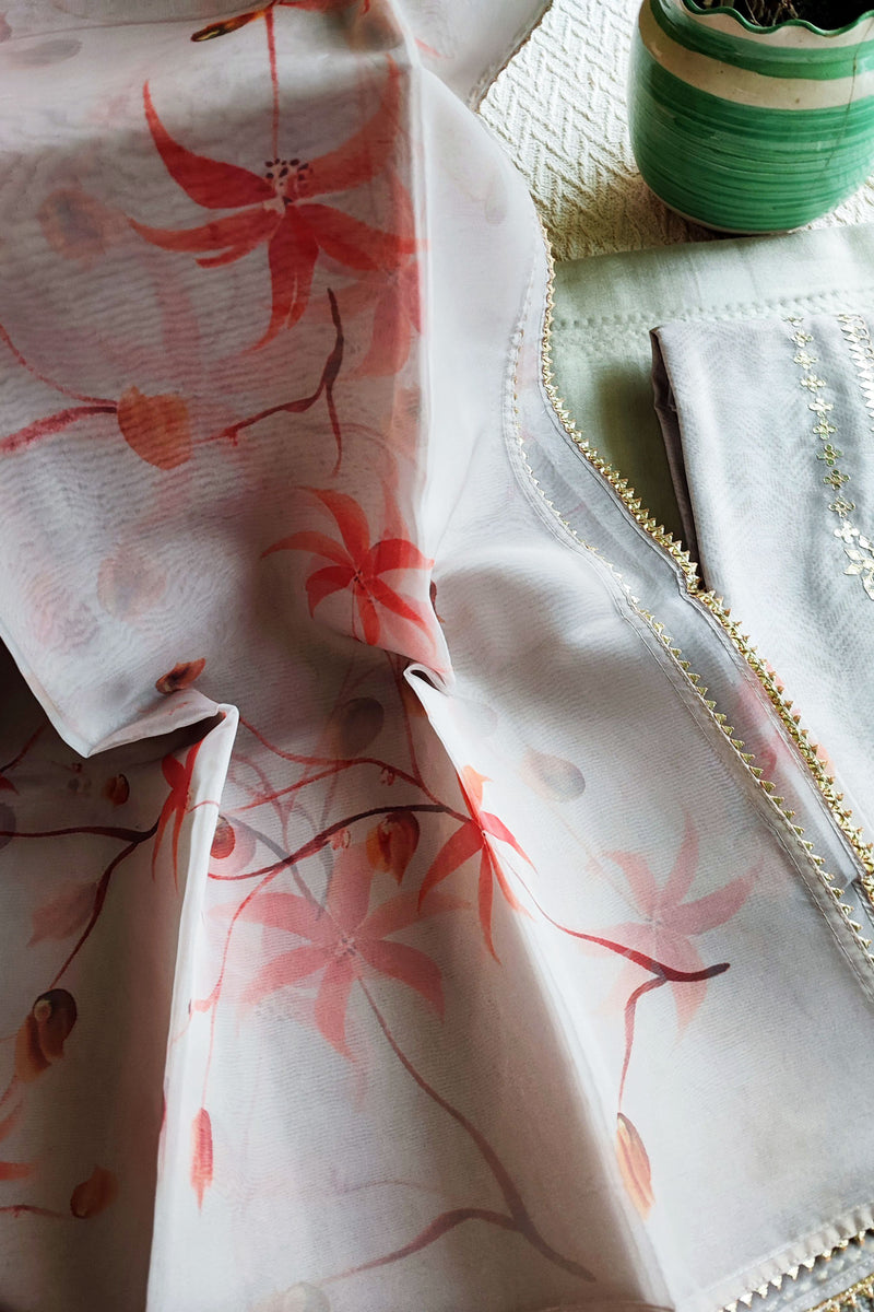 Chanderi Silk Suit with Gota Neck and Organza Hand Painted Dupatta