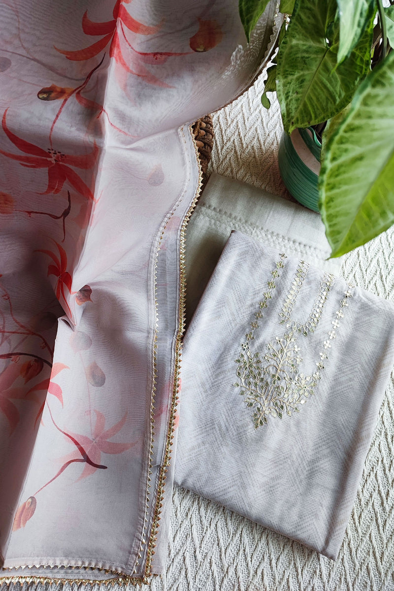 Chanderi Silk Suit with Gota Neck and Organza Hand Painted Dupatta