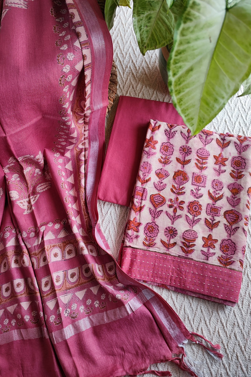 Rogue Pink Vanaspati Cotton Suit Set with Linen Dupatta