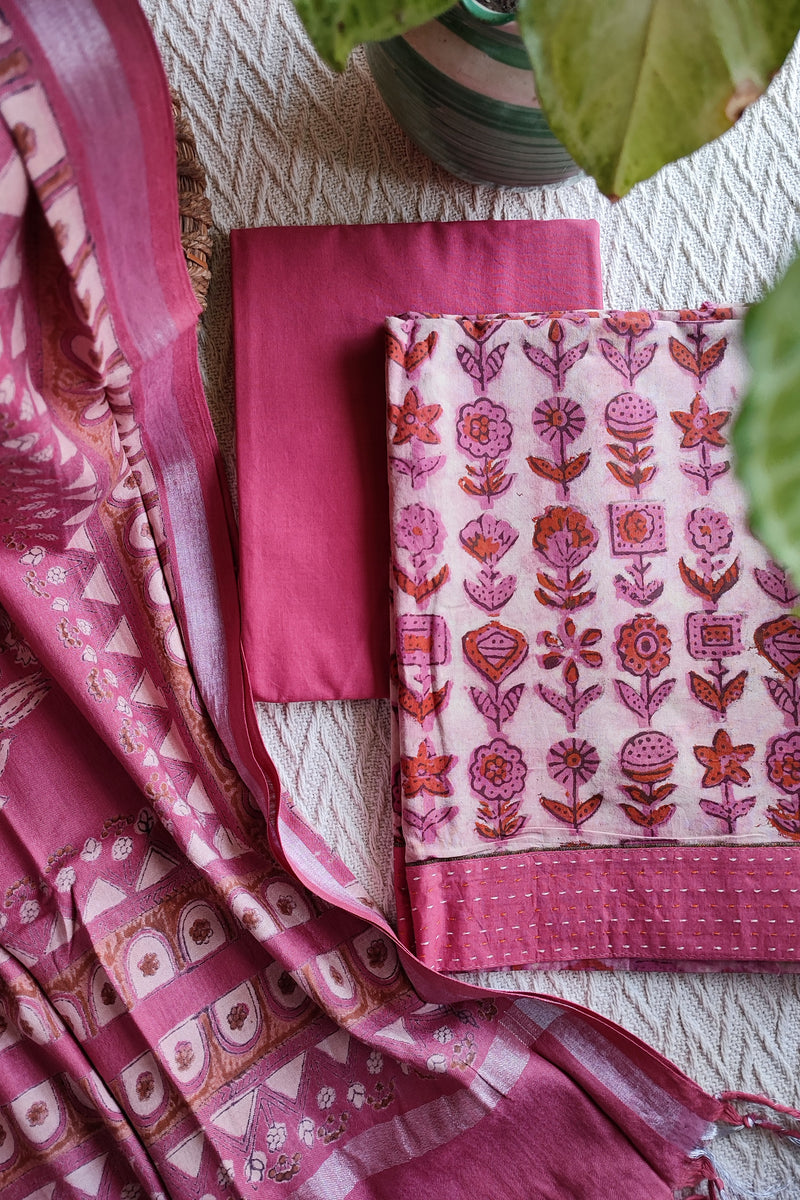 Rogue Pink Vanaspati Cotton Suit Set with Linen Dupatta
