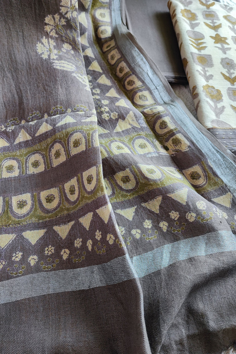 Dark Gray Vanaspati Cotton Suit Set with Linen Dupatta