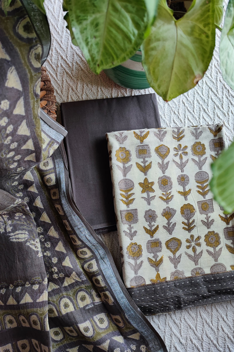 Dark Gray Vanaspati Cotton Suit Set with Linen Dupatta