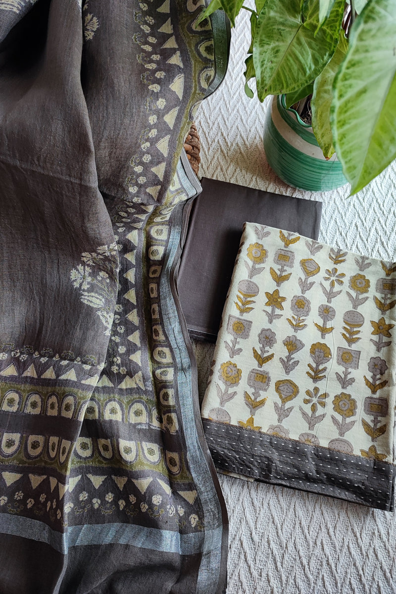 Dark Gray Vanaspati Cotton Suit Set with Linen Dupatta