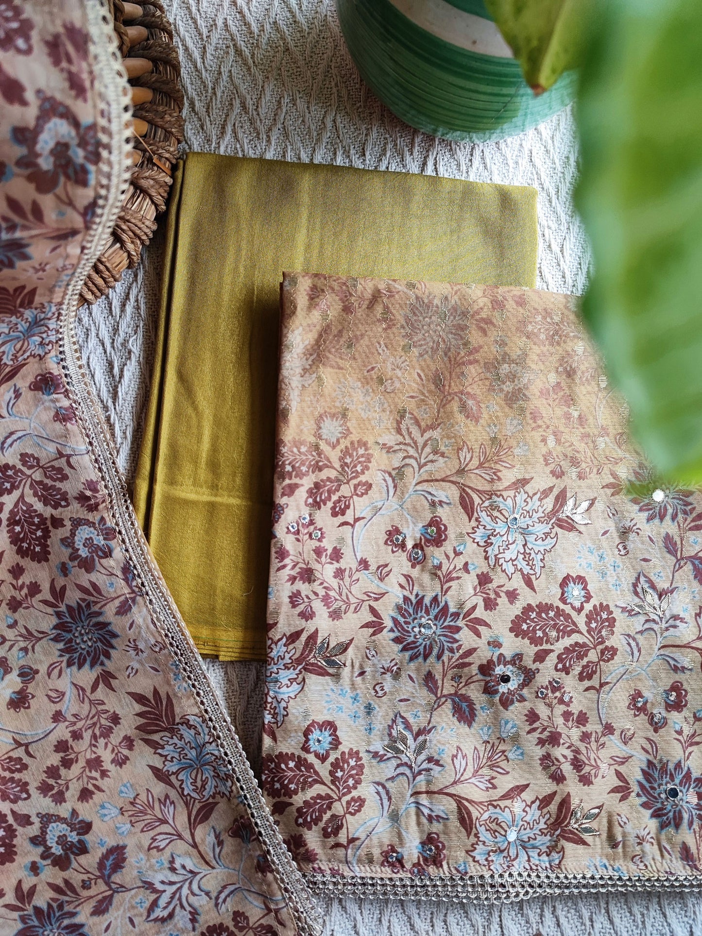 Beige & Brown Chanderi Silk Suit with Self Weaving Pattern & Chanderi Dupatta