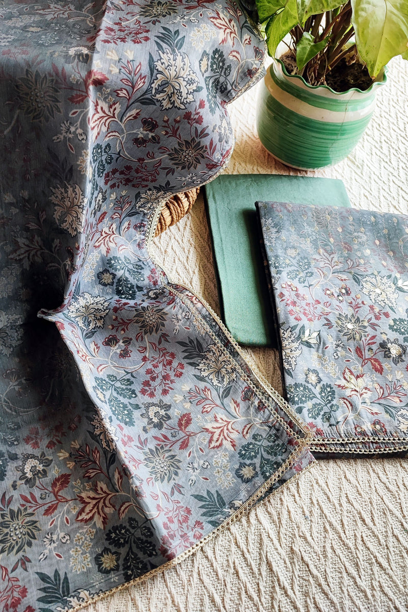 Steel Blue Chanderi Silk Suit with Self Weaving Pattern & Chanderi Dupatta