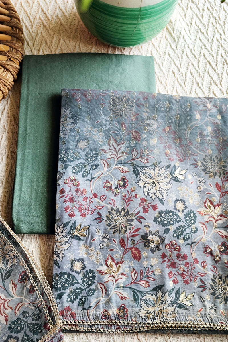 Steel Blue Chanderi Silk Suit with Self Weaving Pattern & Chanderi Dupatta