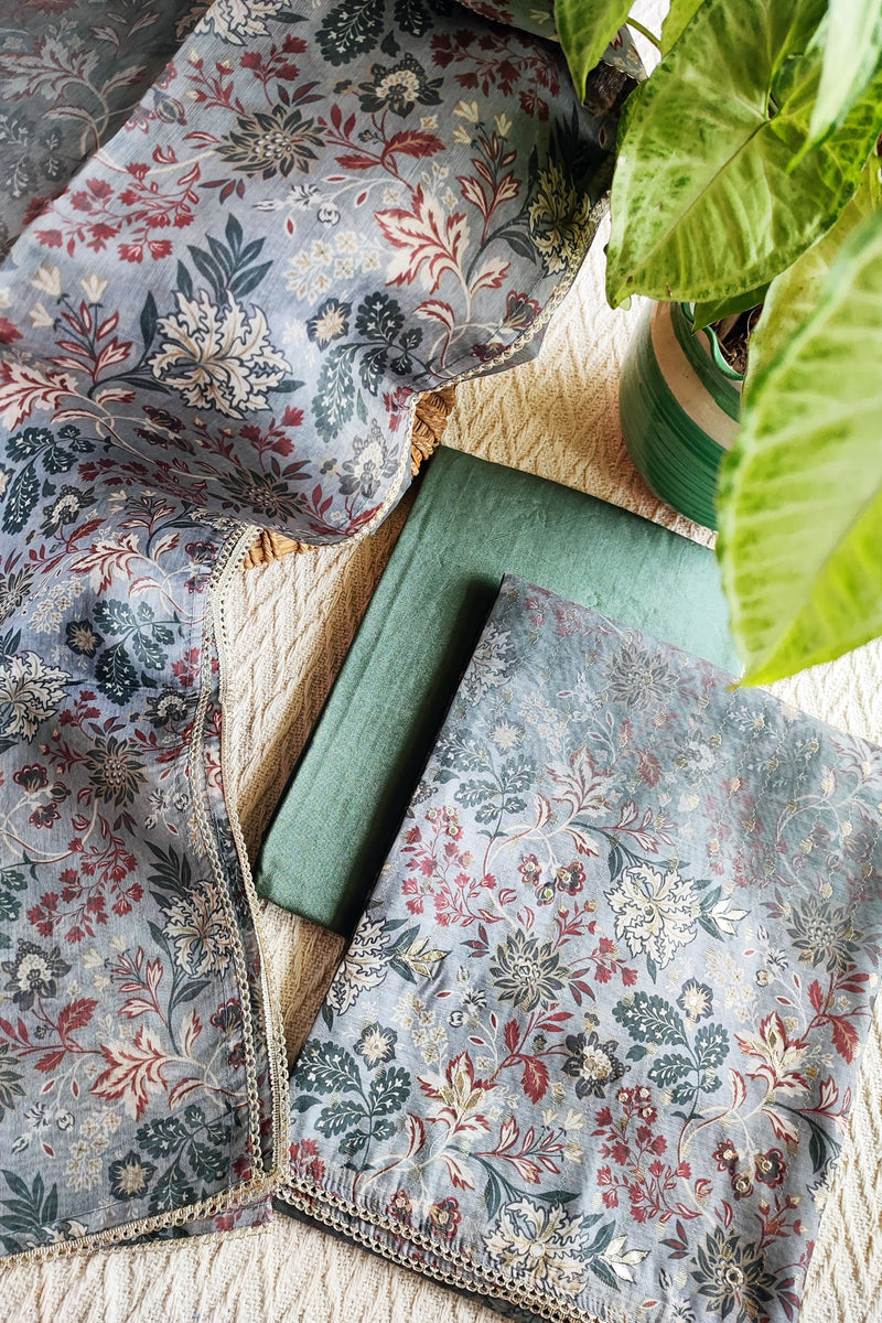 Steel Blue Chanderi Silk Suit with Self Weaving Pattern & Chanderi Dupatta