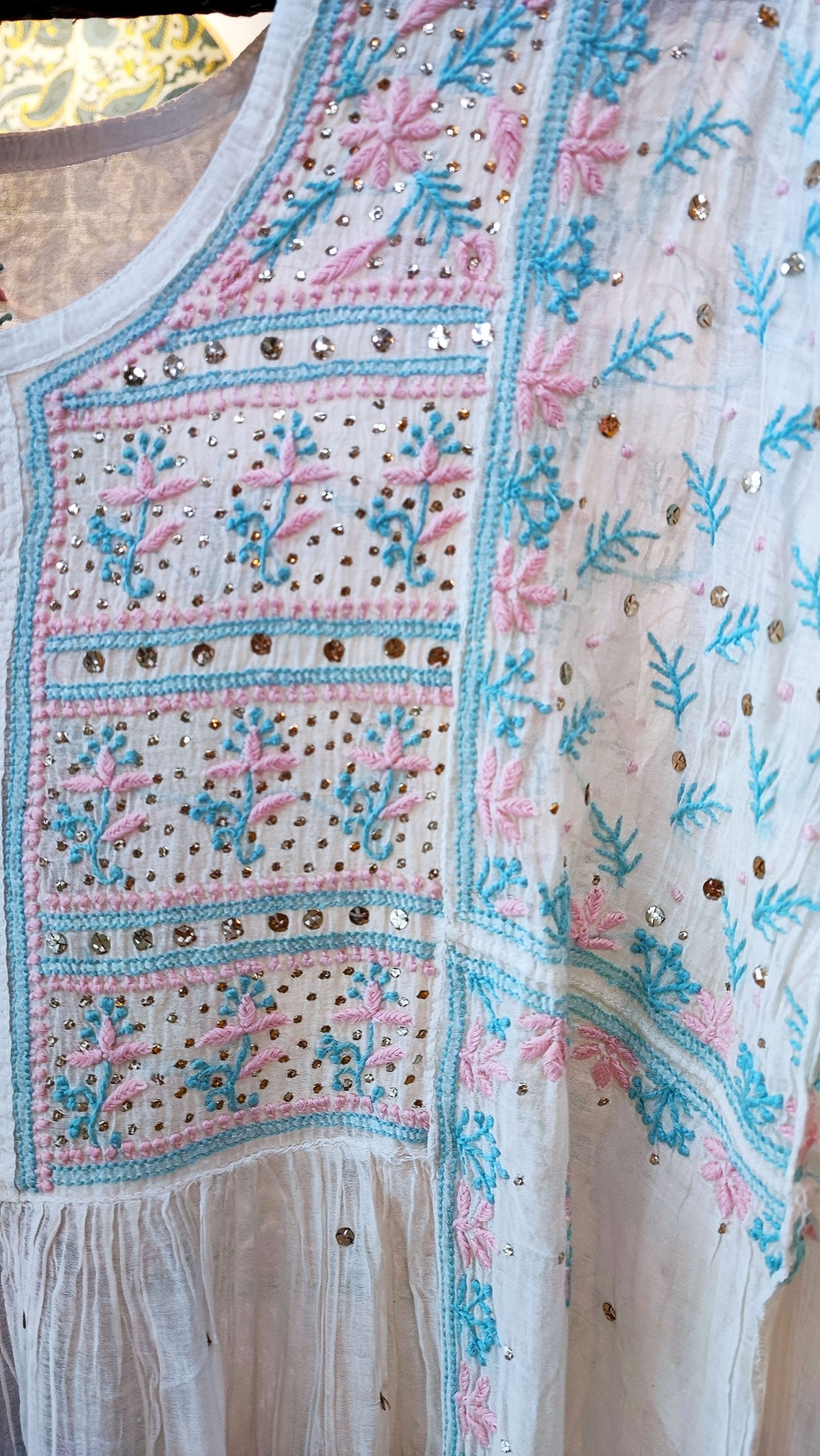 Pink Blue Hand Embroided Off White Premium Chanderi Lucknowi Chikankari A-Line Kurta Dupatta Set