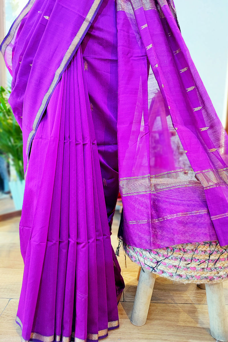 Magenta Premium Maheshwari Silk Saree with Thin Zari Border