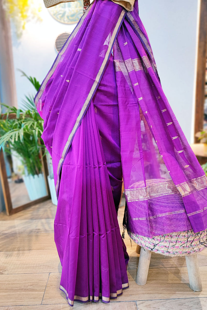 Magenta Premium Maheshwari Silk Saree with Thin Zari Border