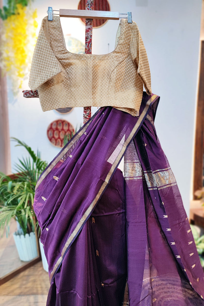 Midnight Purple Premium Maheshwari Silk Saree with Thin Zari Border