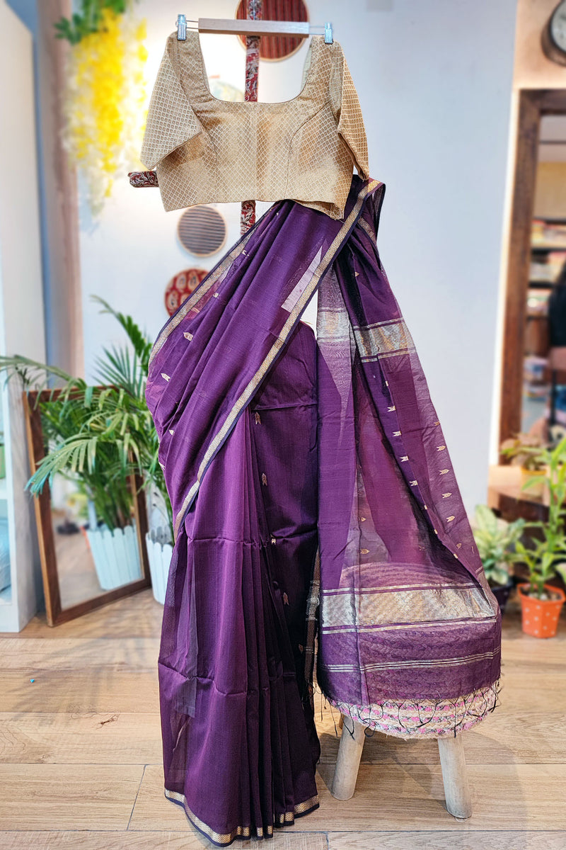 Midnight Purple Premium Maheshwari Silk Saree with Thin Zari Border
