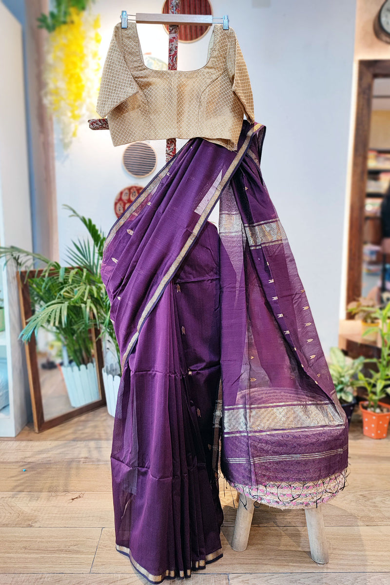 Midnight Purple Premium Maheshwari Silk Saree with Thin Zari Border