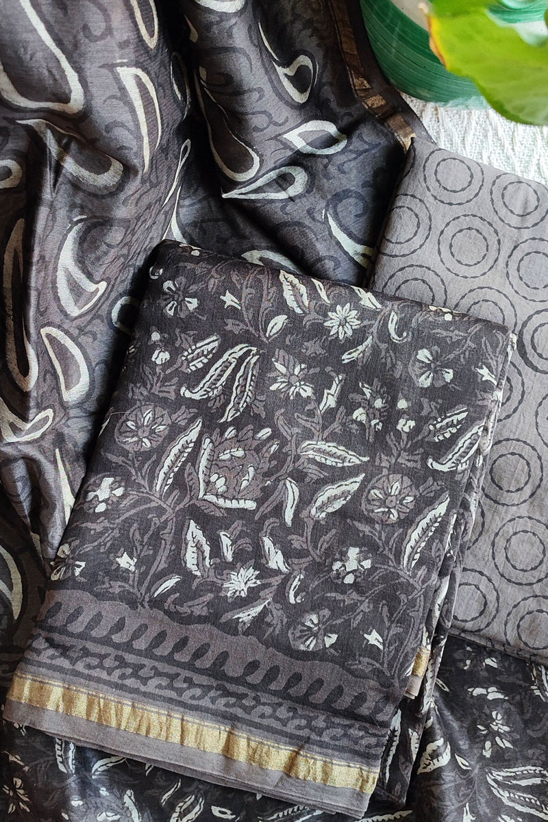 Grayish Brown Chanderi Silk Suits with Vanaspati Prints