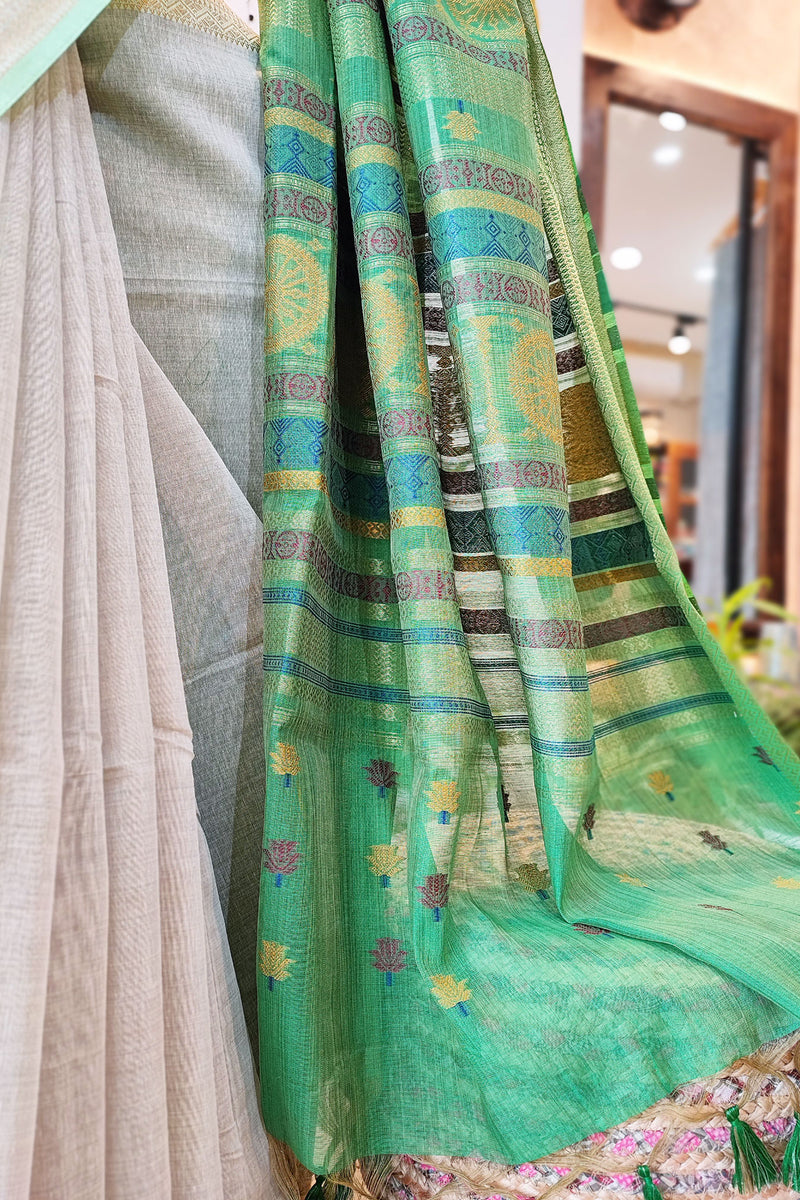 Parchment Cream Jamdani Saree With Rich Ethnic Fern Green Woven Border