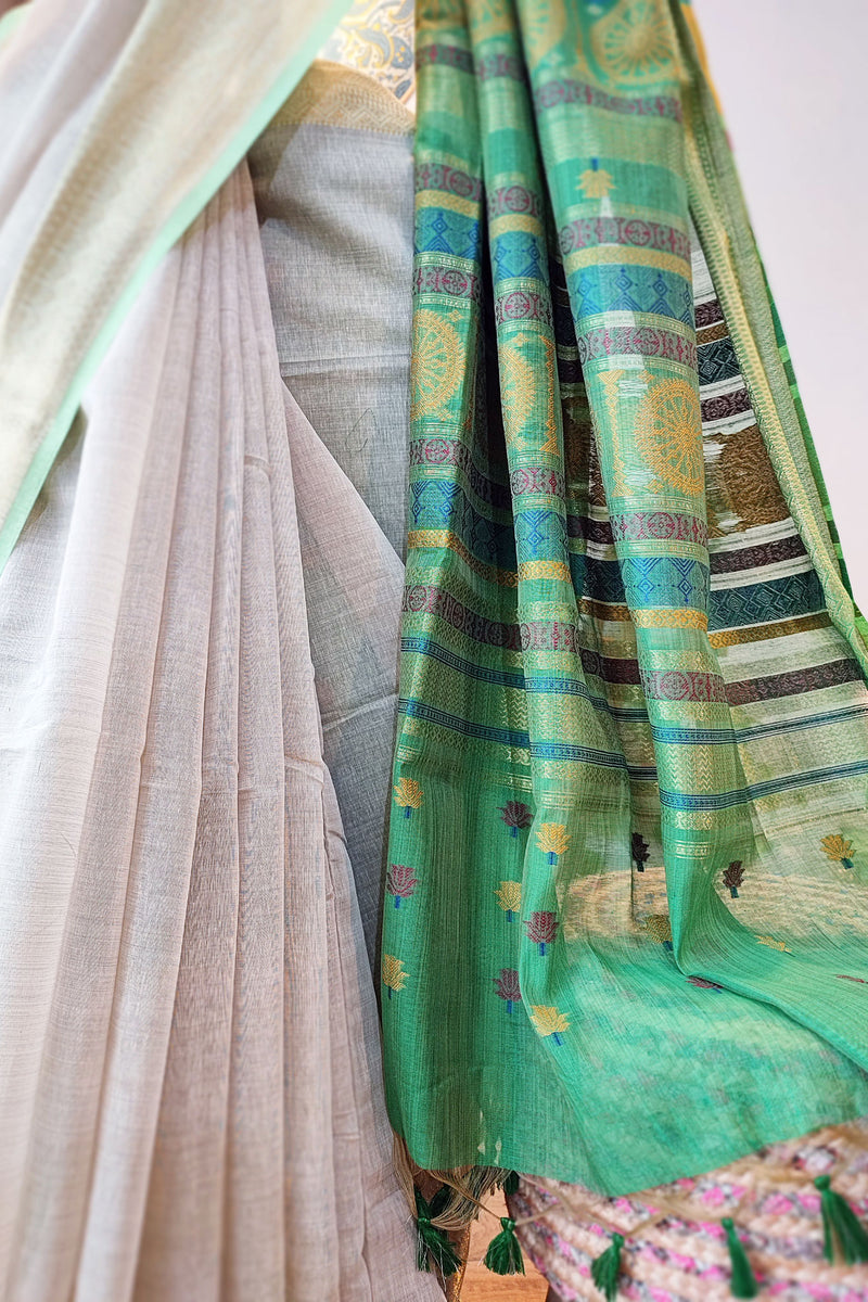 Parchment Cream Jamdani Saree With Rich Ethnic Fern Green Woven Border