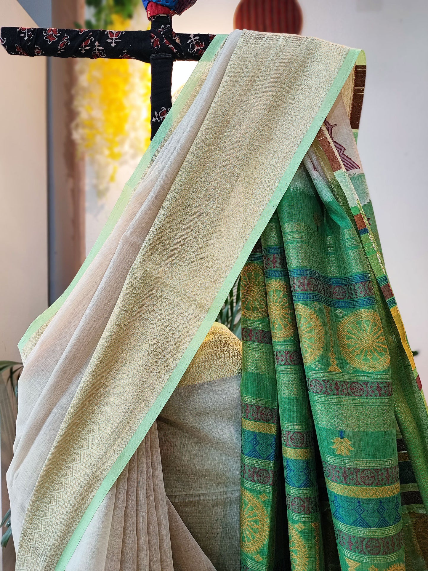 Parchment Cream Jamdani Saree With Rich Ethnic Fern Green Woven Border