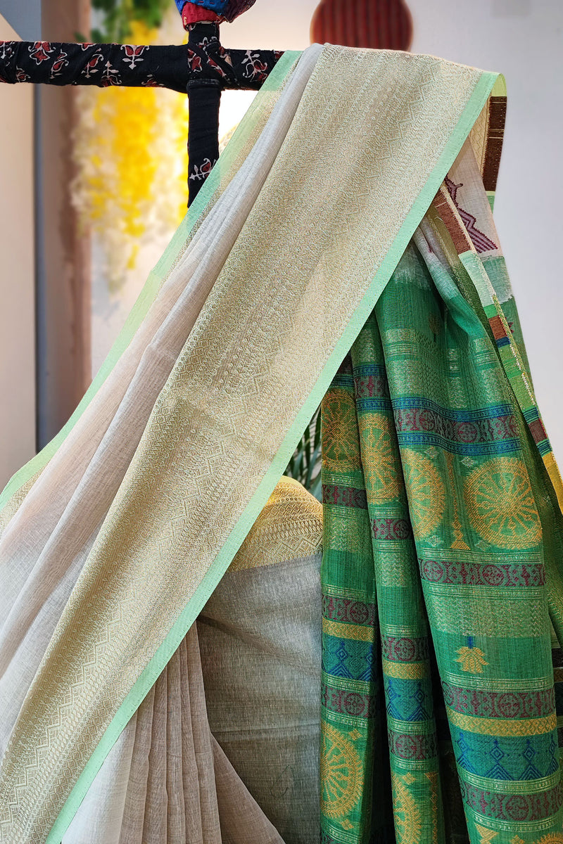 Parchment Cream Jamdani Saree With Rich Ethnic Fern Green Woven Border