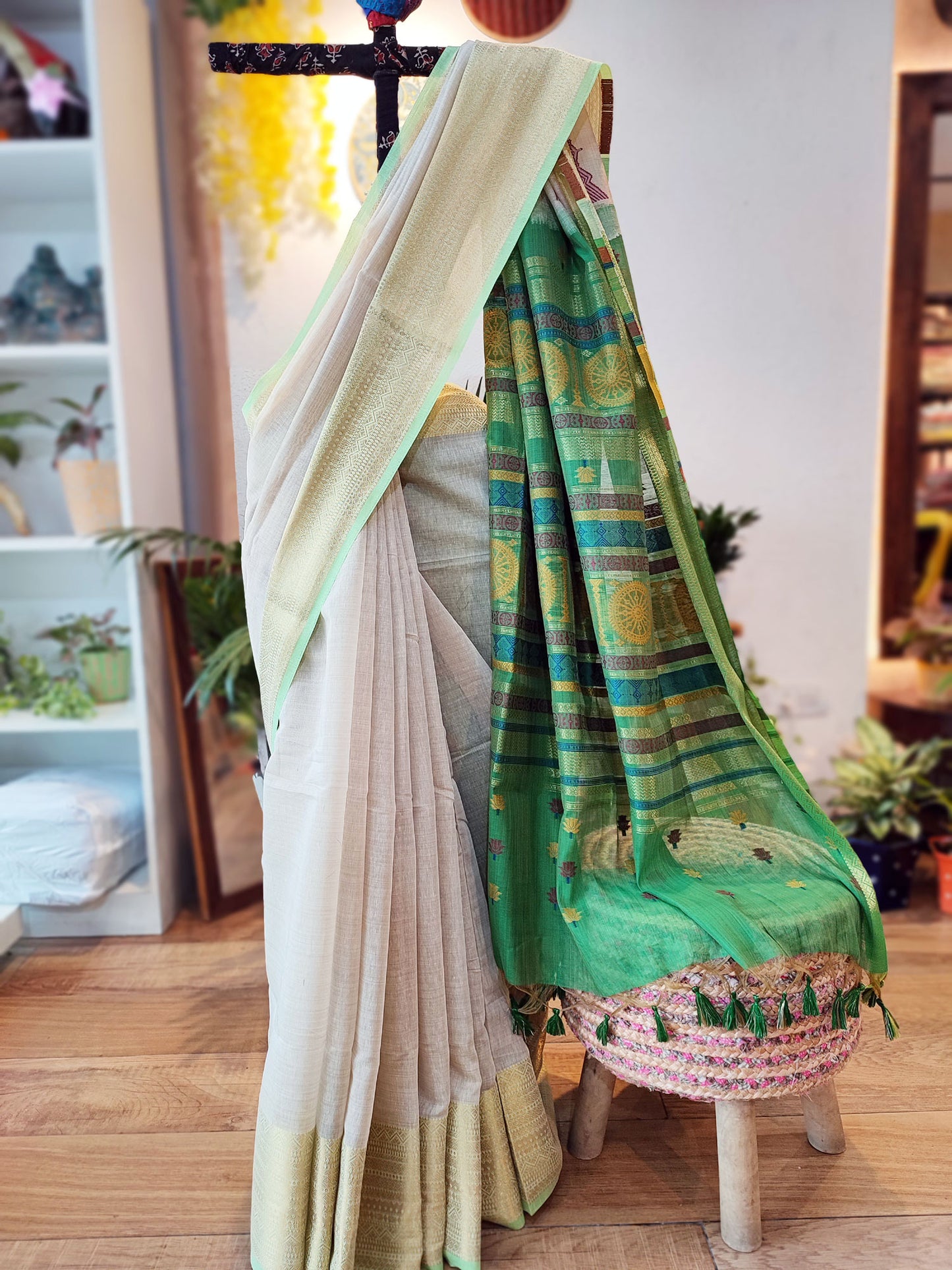 Parchment Cream Jamdani Saree With Rich Ethnic Fern Green Woven Border