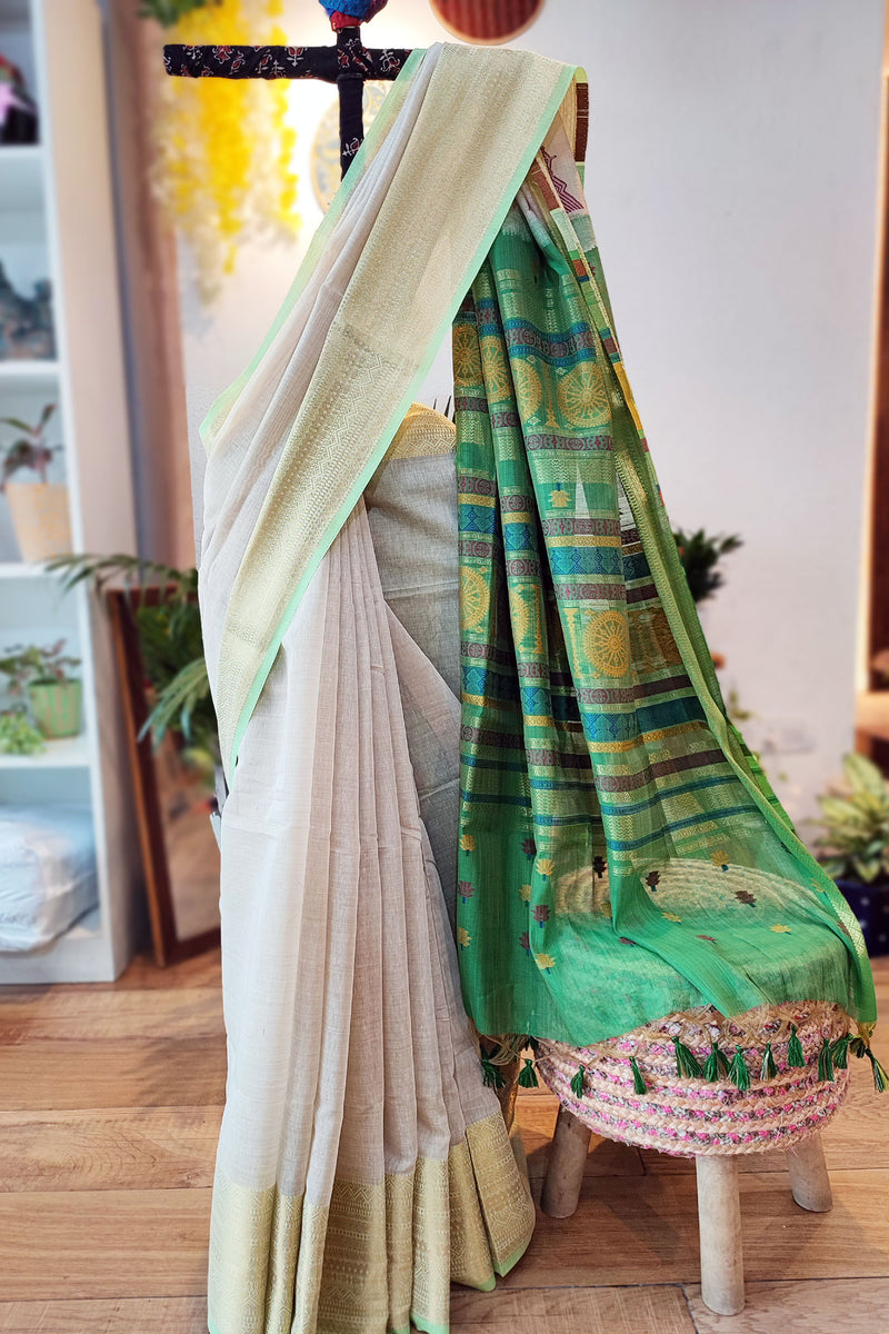 Parchment Cream Jamdani Saree With Rich Ethnic Fern Green Woven Border